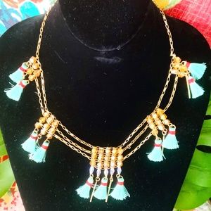 TASSEL FRINGE BEADED STATEMENT NECKLACE BOHO VIBE / GOLD FILAGREE CHAIN NEW